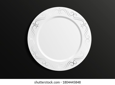 Decorative plate template with a silver ornament handwork and an empty space in the centre. Vector illustration.