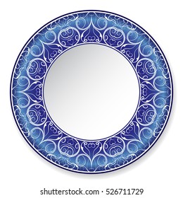Decorative plate with white pattern on blue background. Vector illustration