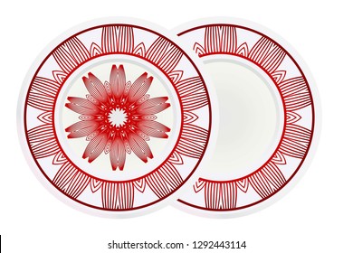 decorative plates for interior design. Empty dish, porcelain plate mock up design. Vector illustration. Decorative plates with stilish ornament patterns. Home decor background