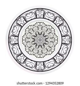 decorative plates for interior design. Empty dish, porcelain plate mock up design. Vector illustration. Decorative plates with Mandala ornament patterns. Home decor background.