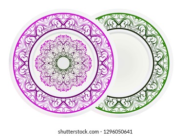 decorative plates for interior design. Empty dish, porcelain plate mock up design. Vector illustration. Decorative plates with Mandala ornament patterns. Home decor background.