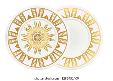 decorative plates for interior design. Empty dish, porcelain plate mock up design. Vector illustration. Decorative plates with Mandala ornament patterns. Home decor background.