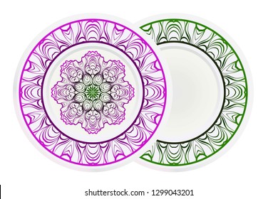 decorative plates for interior design. Empty dish, porcelain plate mock up design. Vector illustration. Decorative plates with Mandala ornament patterns. Home decor background.