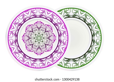 decorative plates for interior design. Empty dish, porcelain plate mock up design. Vector illustration. Decorative plates with stilish ornament patterns. Home decor background