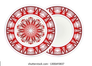 decorative plates for interior design. Empty dish, porcelain plate mock up design. Vector illustration. Decorative plates with Mandala ornament patterns. Home decor background.