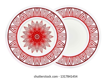 decorative plates for interior design. Empty dish, porcelain plate mock up design. Vector illustration. Decorative plates with Mandala ornament patterns. Home decor background.