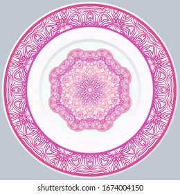 decorative plates for interior design. Empty dish, porcelain plate mock up design. Vector illustration. Decorative plates with Mandala ornament patterns. Home decor background