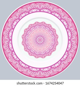 decorative plates for interior design. Empty dish, porcelain plate mock up design. Vector illustration. Decorative plates with Mandala ornament patterns. Home decor background