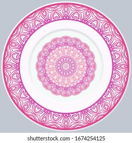 platos decorativos para el diseño interior. Plato vacío, plato de porcelana se burla del diseño. Ilustración vectorial. Platos decorativos con motivos decorativos de Mandala. Fondo de decoración casera