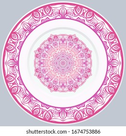 decorative plates for interior design. Empty dish, porcelain plate mock up design. Vector illustration. Decorative plates with Mandala ornament patterns. Home decor background