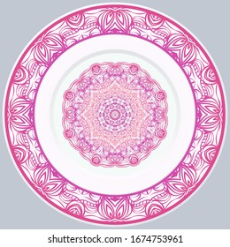 decorative plates for interior design. Empty dish, porcelain plate mock up design. Vector illustration. Decorative plates with Mandala ornament patterns. Home decor background