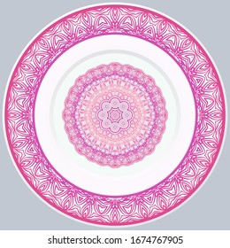 decorative plates for interior design. Empty dish, porcelain plate mock up design. Vector illustration. Decorative plates with Mandala ornament patterns. Home decor background