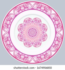 decorative plates for interior design. Empty dish, porcelain plate mock up design. Vector illustration. Decorative plates with Mandala ornament patterns. Home decor background