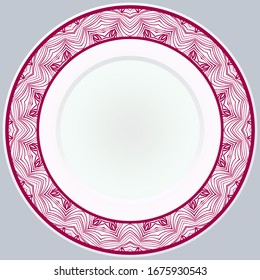 decorative plates for interior design. Empty dish, porcelain plate mock up design. Vector illustration. Decorative plates with stilish ornament patterns. Home decor background