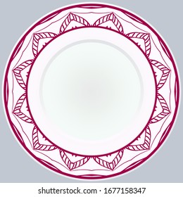 decorative plates for interior design. Empty dish, porcelain plate mock up design. Vector illustration. Decorative plates with stilish ornament patterns. Home decor background