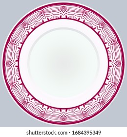decorative plates for interior design. Empty dish, porcelain plate mock up design. Vector illustration. Decorative plates with stilish ornament patterns. Home decor background