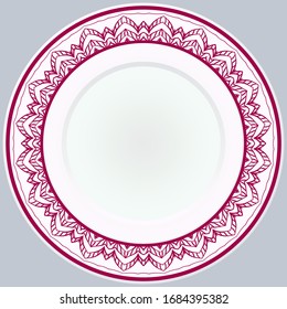 decorative plates for interior design. Empty dish, porcelain plate mock up design. Vector illustration. Decorative plates with stilish ornament patterns. Home decor background