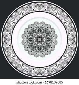decorative plates for interior design. Empty dish, porcelain plate mock up design. Vector illustration. Decorative plates with stilish ornament patterns. Home decor background