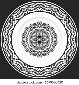 decorative plates for interior design. Empty dish, porcelain plate mock up design. Vector illustration. Decorative plates with stilish ornament patterns. Home decor background