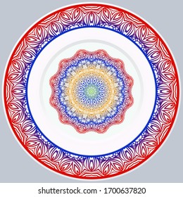 decorative plates for interior design. Empty dish, porcelain plate mock up design. Vector illustration. Decorative plates with Mandala ornament patterns. Home decor background