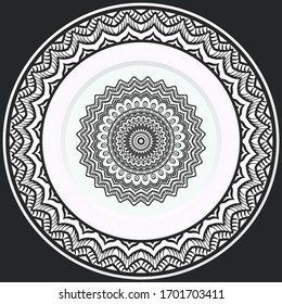 decorative plates for interior design. Empty dish, porcelain plate mock up design. Vector illustration. Decorative plates with stilish ornament patterns. Home decor background