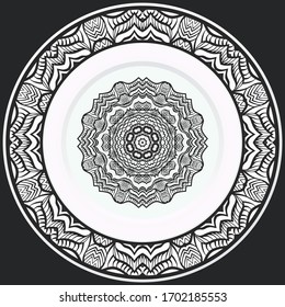decorative plates for interior design. Empty dish, porcelain plate mock up design. Vector illustration. Decorative plates with stilish ornament patterns. Home decor background
