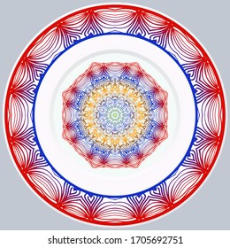 platos decorativos para el diseño interior. Plato vacío, plato de porcelana se burla del diseño. Ilustración vectorial. Platos decorativos con motivos decorativos de Mandala. Fondo de decoración casera