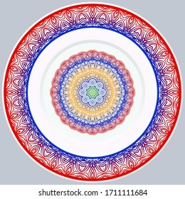 decorative plates for interior design. Empty dish, porcelain plate mock up design. Vector illustration. Decorative plates with Mandala ornament patterns. Home decor background