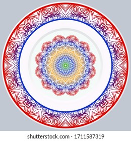 decorative plates for interior design. Empty dish, porcelain plate mock up design. Vector illustration. Decorative plates with Mandala ornament patterns. Home decor background