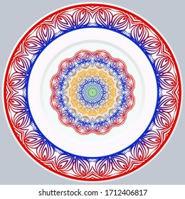 decorative plates for interior design. Empty dish, porcelain plate mock up design. Vector illustration. Decorative plates with Mandala ornament patterns. Home decor background
