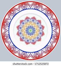 decorative plates for interior design. Empty dish, porcelain plate mock up design. Vector illustration. Decorative plates with Mandala ornament patterns. Home decor background