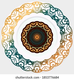 Decorative plates for interior design. Empty dish, porcelain plate mock up design. Vector illustration. Decorative plates with Mandala ornament patterns. Home decor background