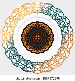 Decorative plates for interior design. Empty dish, porcelain plate mock up design. Vector illustration. Decorative plates with Mandala ornament patterns. Home decor background