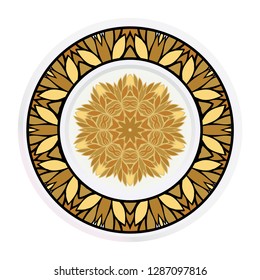 Decorative plates for interior design. Tribal ethnic ornament with mandala. Vector illustration. White, gold color.