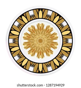 Decorative plates for interior design. Tribal ethnic ornament with mandala. Vector illustration. White, gold color.