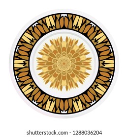 Decorative plates for interior design. Tribal ethnic ornament with mandala. Vector illustration. White, gold color.