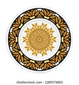 Decorative plates for interior design. Tribal ethnic ornament with mandala. Vector illustration. White, gold color.