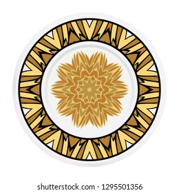 Decorative plates for interior design. Tribal ethnic ornament with mandala. Vector illustration. White, gold color.