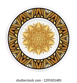 Decorative plates for interior design. Tribal ethnic ornament with mandala. Vector illustration. White, gold color.