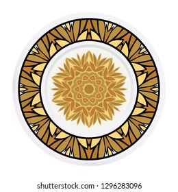 Decorative plates for interior design. Tribal ethnic ornament with mandala. Vector illustration. White, gold color.