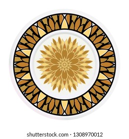 Decorative plates for interior design. Tribal ethnic ornament with mandala. Vector illustration. White, gold color.