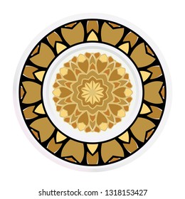 Decorative plates for interior design. Tribal ethnic ornament with mandala. Vector illustration. White, gold color.