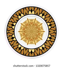 Decorative plates for interior design. Tribal ethnic ornament with mandala. Vector illustration. White, gold color.