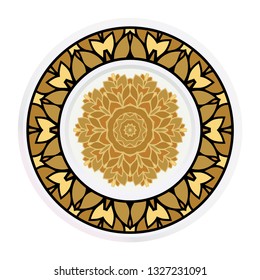 Decorative plates for interior design. Tribal ethnic ornament with mandala. Vector illustration. White, gold color.