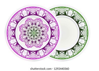 Decorative plates with Mandala ornament patterns. Home decor background. Vector illustration.