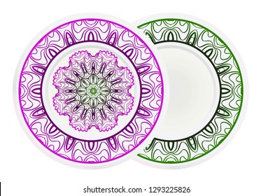 Decorative plates with Mandala ornament patterns. Home decor background. Vector illustration.
