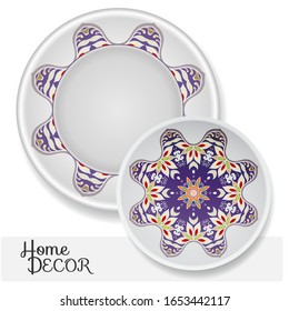 Decorative plates set with colorful mandala ornament. Interior decoration in ethnic arabic, indian, turkish style. Fashion background with ornate dish. Vector isolated design elements