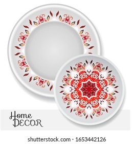Decorative plates set with colorful mandala ornament. Interior decoration in ethnic arabic, indian, turkish style. Fashion background with ornate dish. Vector isolated design elements