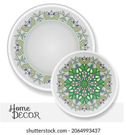 Decorative plates set with colorful mandala ornament. Interior decoration in ethnic arabic, indian, turkish style. Fashion background with ornate dish. Vector isolated design elements