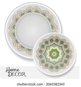Decorative plates set with colorful mandala ornament. Interior decoration in ethnic arabic, indian, turkish style. Fashion background with ornate dish. Vector isolated design elements